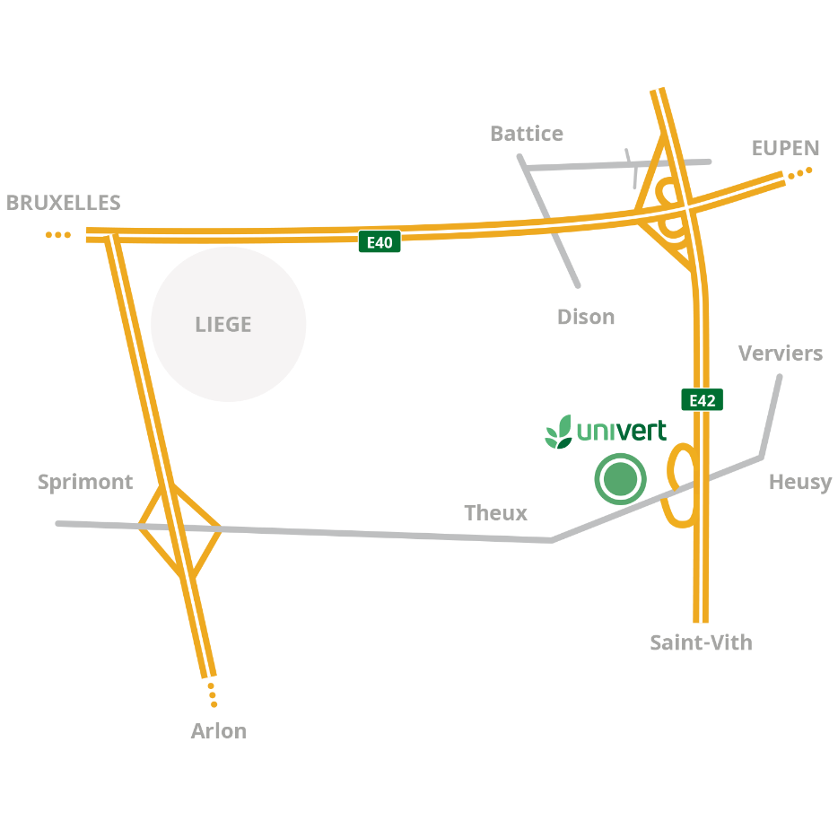 Plan montrant les autoroutes E40 et E42 et indique où se trouve Univert. Adresse : Chaussée de Verviers 181/A, 4910 Theux, Laboru, Belgique