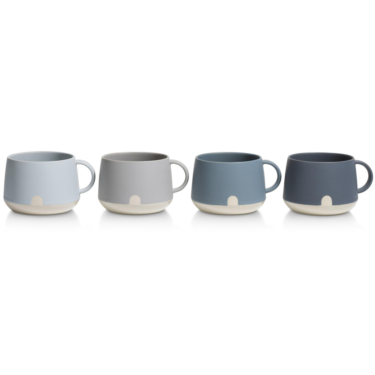 4 mugs nola coco maison, de couleur bleu, gris clair, bleu-gris, gris foncé